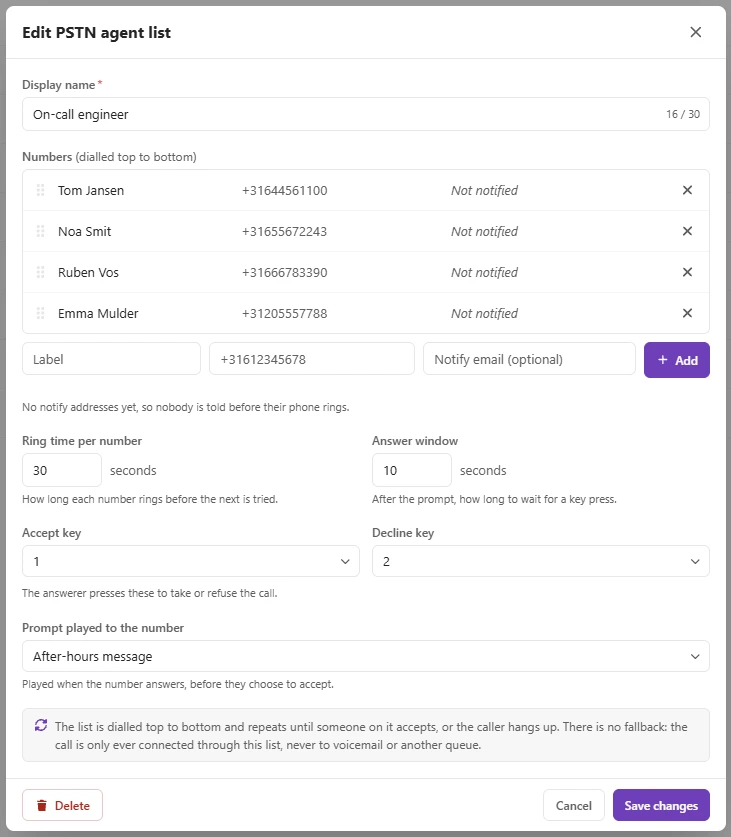 PSTN-agentlijst bewerken in Purple plus Config, met de lijst On-call engineer, vier nummers, beltijd, antwoordvenster en de toetsen voor aannemen en weigeren