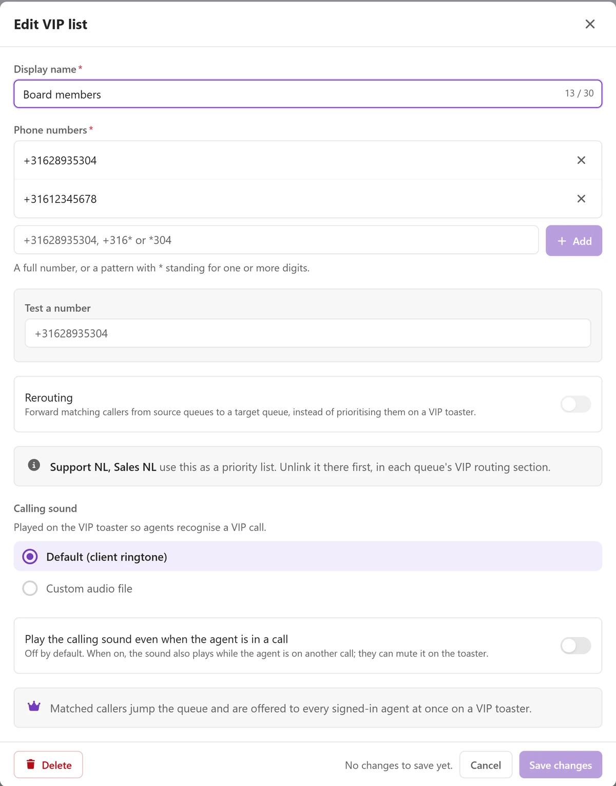 The Edit VIP list panel in Purple plus Config. A display name Board members with a 13 of 30 character counter, two phone numbers in full international format, a Rerouting switch that is off, a note that Support NL and Sales NL use this as a priority list, a calling sound set to the default client ringtone, and a line reading that matched callers jump the queue and are offered to every signed-in agent at once on a VIP toaster.